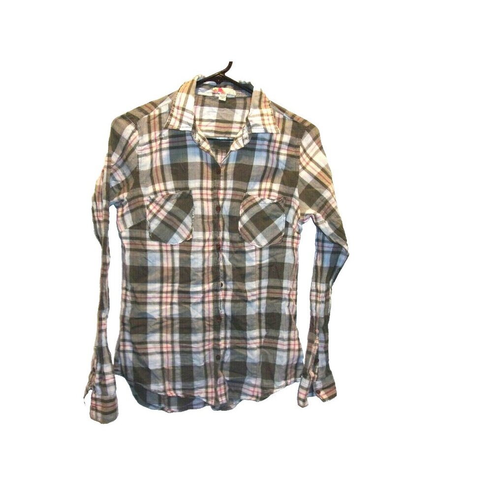 Forever 21 Gray Blue Red White Plaid‎ Button Front Long Sleeve Top M